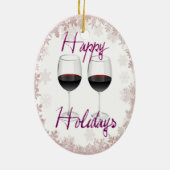 "幸せな休日"赤ワインおよび雪片のプリント セラミックオーナメント (裏面)