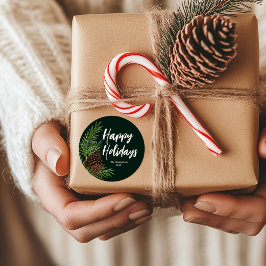 幸せな休暇 水彩画 松 冬の緑 ラウンドシール