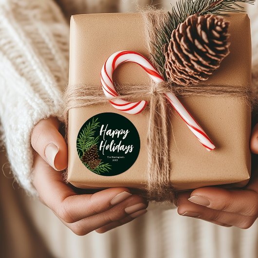 幸せな休暇 水彩画 松 冬の緑 ラウンドシール