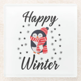 幸せな冬かわいいペンギン ガラスコースター