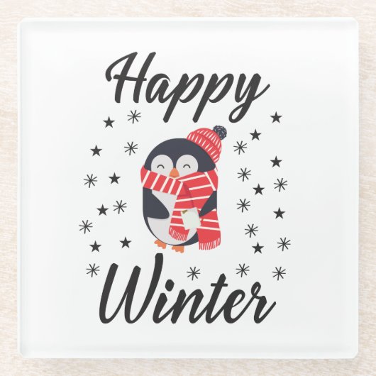 幸せな冬かわいいペンギン ガラスコースター (正面)