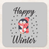 幸せな冬かわいいペンギン スクエアペーパーコースター (正面)