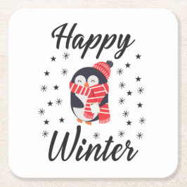 幸せな冬かわいいペンギン スクエアペーパーコースター