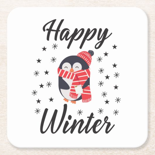 幸せな冬かわいいペンギン スクエアペーパーコースター (正面)