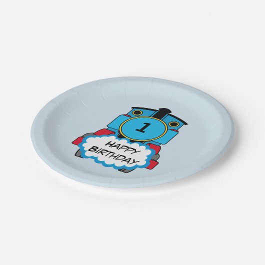 幸せな列車の男の子の誕生日のプレート ペーパープレート (アングル)