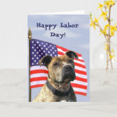 幸せな労働者の日のピットブルの挨拶状 カード (黄色い花)