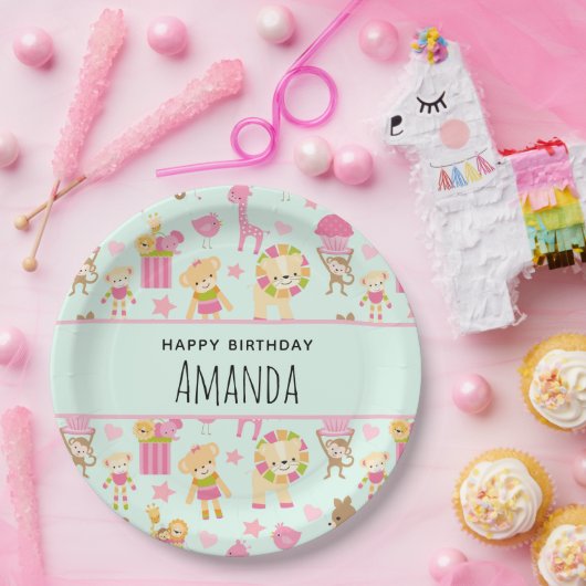 幸せな動物とおもちゃが登場するかわいいパターン誕生日 ペーパープレート (パーティー)