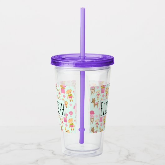 幸せな動物とおもちゃが登場するかわいいパターン アクリルタンブラー (右)