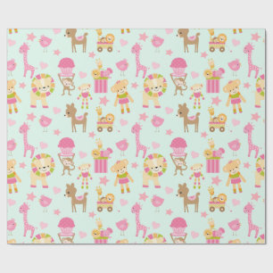 幸せな動物とおもちゃが登場するかわいいパターン ラッピングペーパー