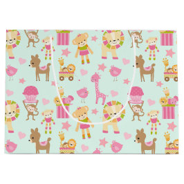 幸せな動物とおもちゃが登場するかわいいパターン ラージペーパーバッグ
