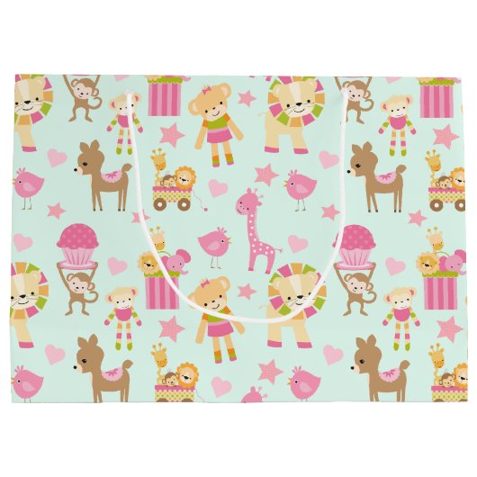 幸せな動物とおもちゃが登場するかわいいパターン ラージペーパーバッグ (裏面)