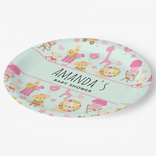 幸せな動物とおもちゃで可愛いパターン赤ちゃんシャワー ペーパープレート (アングル)