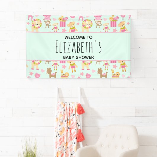 幸せな動物とおもちゃで可愛いパターン赤ちゃんシャワー 横断幕 (インサイチュ)