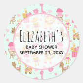 幸せな動物とおもちゃシャワーとうめつき可愛い柄 ラウンドシール (正面)