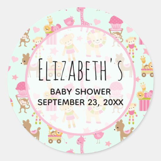幸せな動物とおもちゃシャワーとうめつき可愛い柄 ラウンドシール (正面)