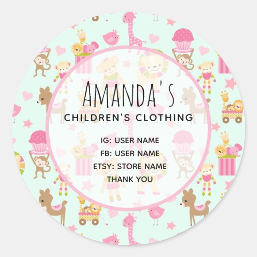 幸せな動物とおもちゃビジネスでかわいいパターン ラウンドシール (正面)