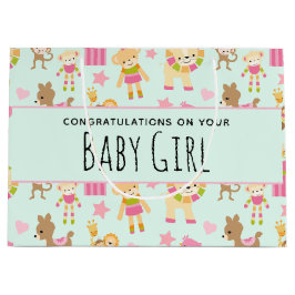 幸せな動物とおもちゃ赤ちゃん女と可愛いパターン ラージペーパーバッグ