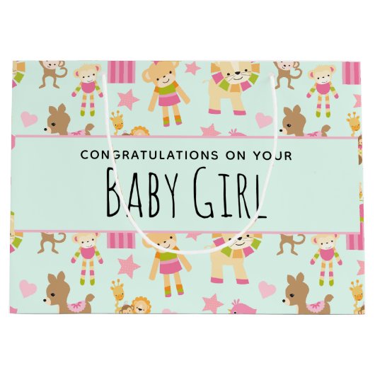 幸せな動物とおもちゃ赤ちゃん女と可愛いパターン ラージペーパーバッグ (正面)