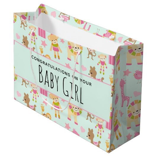 幸せな動物とおもちゃ赤ちゃん女と可愛いパターン ラージペーパーバッグ (正面アングル)