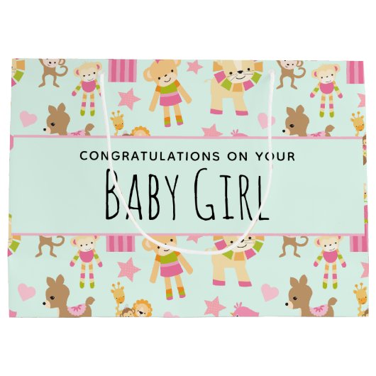 幸せな動物とおもちゃ赤ちゃん女と可愛いパターン ラージペーパーバッグ (裏面)