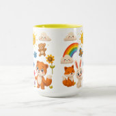 幸せな動物と虹の陶器マグカップ マグカップ (中央)