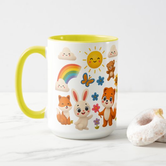 幸せな動物と虹の陶器マグカップ マグカップ (ドーナツ付き)
