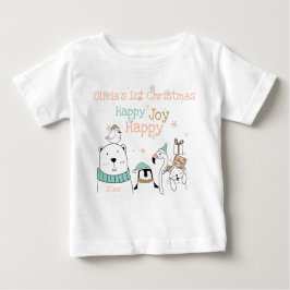 幸せな喜びかわいい動物たち1stクリスマス ベビーTシャツ