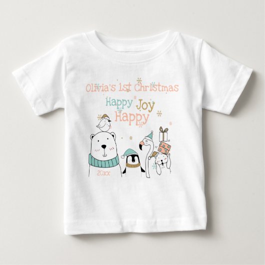 幸せな喜びかわいい動物たち1stクリスマス ベビーTシャツ (正面)