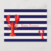 幸せな夏の青い白いストライプロブスターと赤 ポストカード (正面)