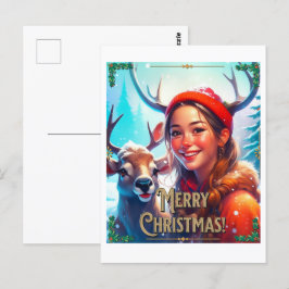 幸せな女と一緒に楽しいクリスマストナカイ ポストカード