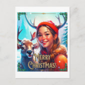 幸せな女と一緒に楽しいクリスマストナカイ ポストカード (正面)