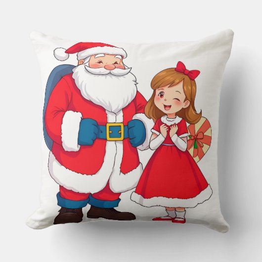 幸せな女の子とクリスマスのサンタクロース クッション (正面)