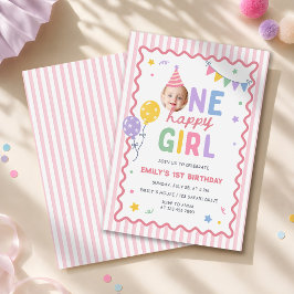 幸せな女の子のピンクカラフル1歳の誕生日 招待状