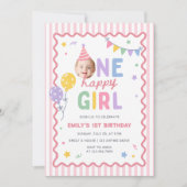 幸せな女の子のピンクカラフル1歳の誕生日 招待状 (正面)