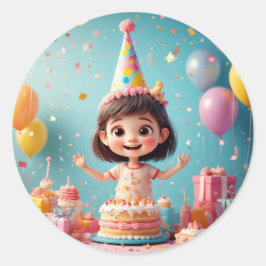🎉 幸せな女の子の誕生日ケーキパーティー ラウンドシール