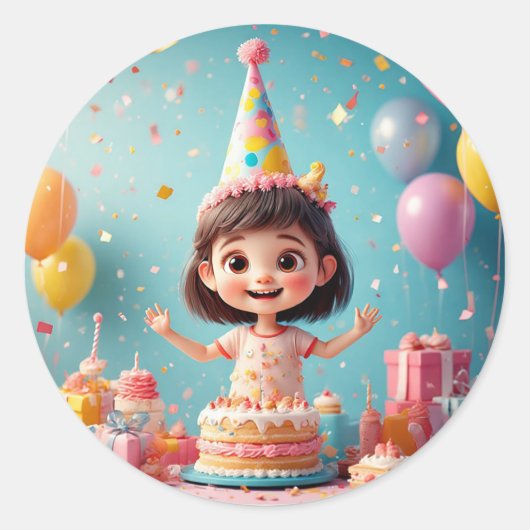 🎉 幸せな女の子の誕生日ケーキパーティー ラウンドシール (正面)