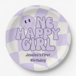 幸せな女の子の1歳の誕生日 ピンク ペーパープレート