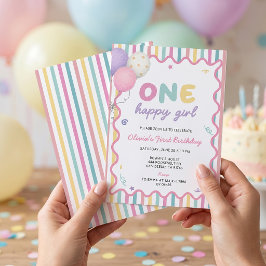 幸せな女の子ストライプ1歳の誕生日招待状 招待状
