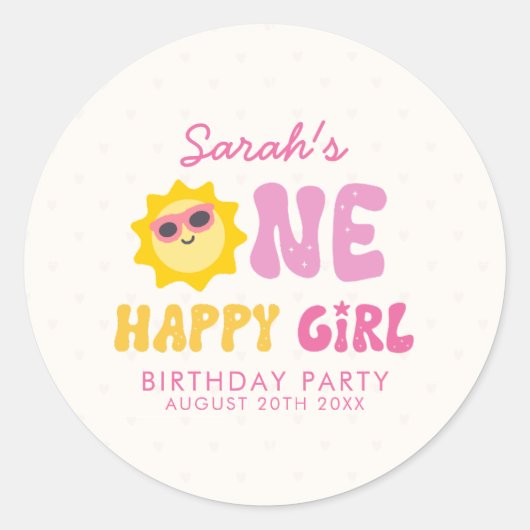 幸せな女の子 レトロな太陽 初めての誕生日 ラウンドシール (正面)