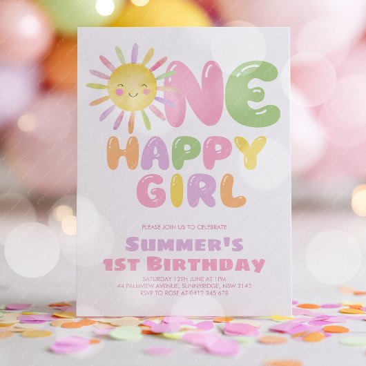 幸せな女の子 太陽 1歳の誕生日 カラフル 招待状