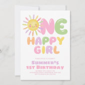 幸せな女の子 太陽 1歳の誕生日 カラフル 招待状 (正面)