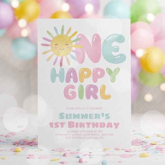 幸せな女の子 太陽 1歳の誕生日 ピンク ブルー 招待状