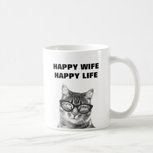 幸せな妻幸せな人生 面白い結婚の引用 猫 マグカップ (右)