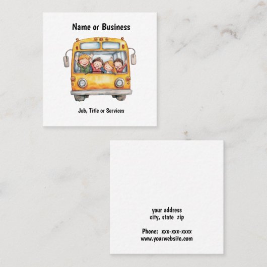 幸せな子供たちがいるスクールバス スクエア名刺 (正面/裏面)