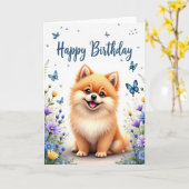 幸せな子犬の誕生日カード カード (黄色い花)