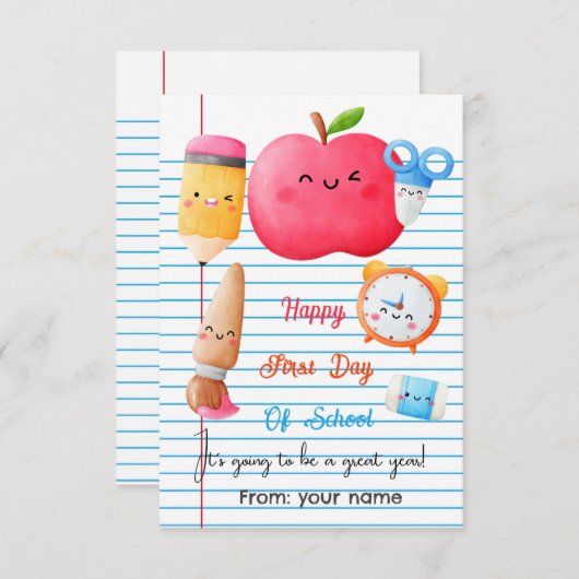 幸せな学校初日のラベル サンキューカード (正面/裏面)