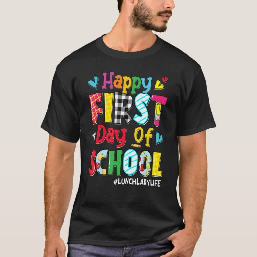 幸せな学校給食の女性の生活の戻る Tシャツ (正面)
