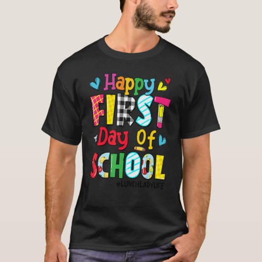 幸せな学校給食の女性の生活の戻る Tシャツ (正面)