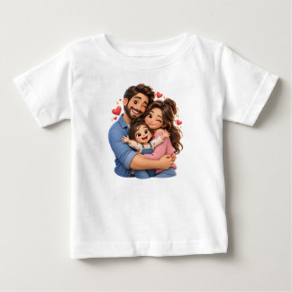 幸せな家族のハグ – かわいい3Dキャラクター家族デザイン ベビーTシャツ