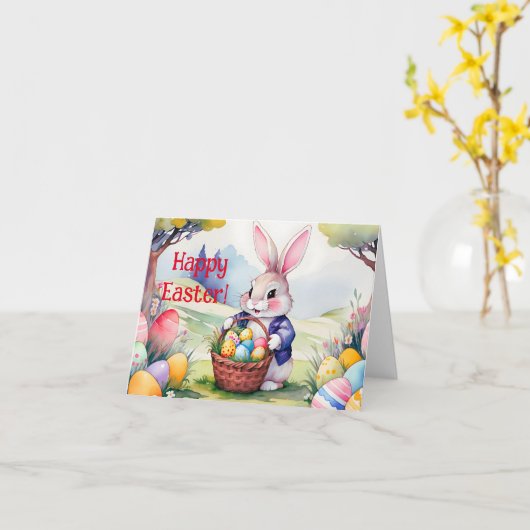 幸せな小さなウサギ1、イースター カード (黄色い花)